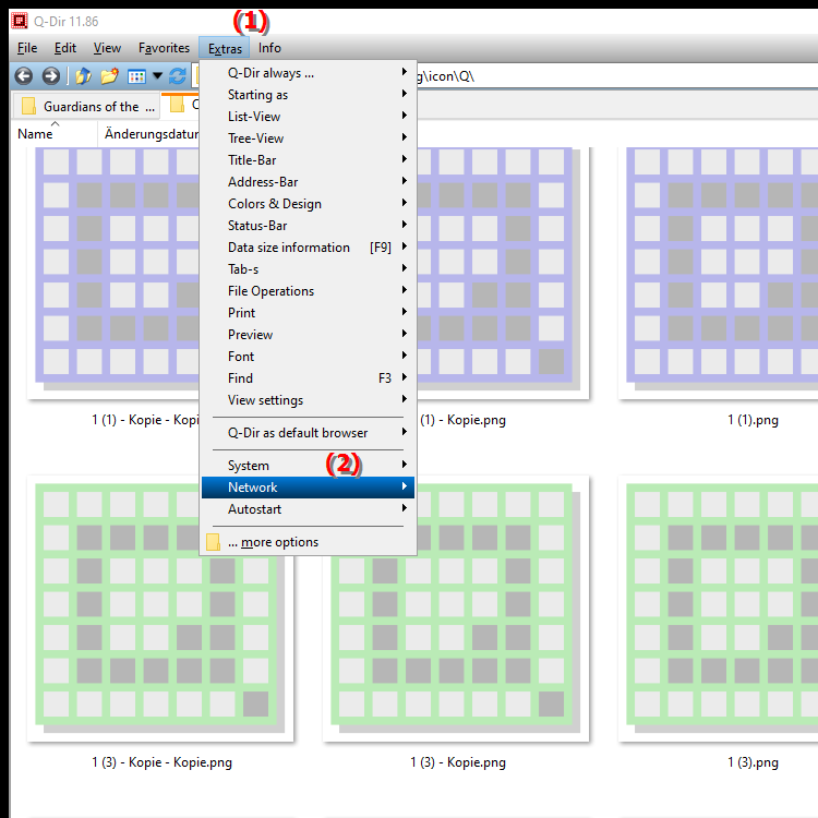 What network options and actions are available in Quad File Explorer